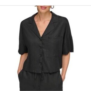 DKNY Women's Button-Front Dolman-Sleeve Linen Top in black color